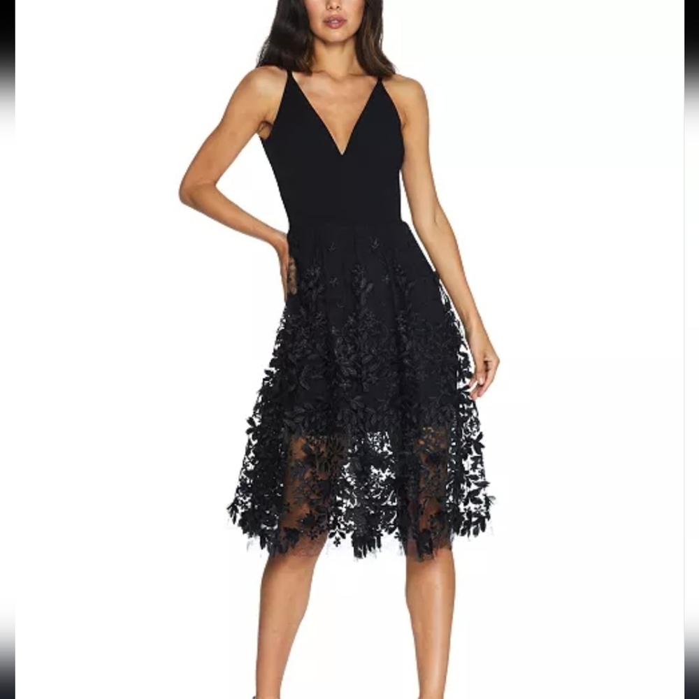 Dress the Population Black V-Neck Floral Appliqué Midi Dress
